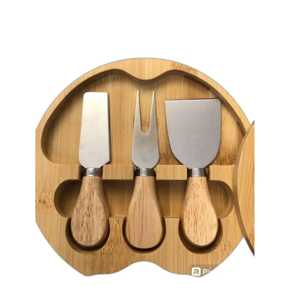 Bamboo Round Cheese Board & 3-Piece Knife Set - Compact Charcuterie Serving Tray